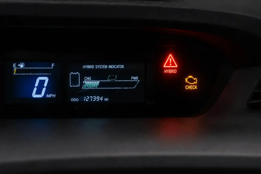 Toyota Prius dashboard showing the red triangle hybrid warning light and check engine at Auto Surgeon Workshop